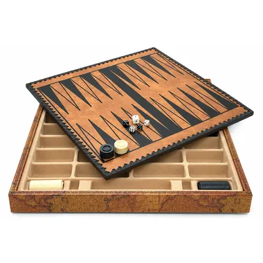 Ancien Monde backgammonbræt med brikker, terninger og opbevaringsrum