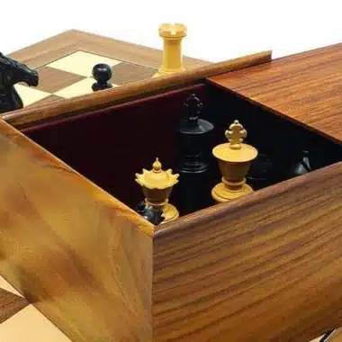 Gros plan sur le coffret ouvert révélant les rois et dames rangés à l'intérieur