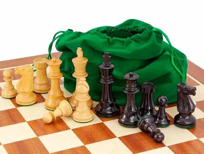 Pièces blanches et noires alignées devant la pochette verte de rangement