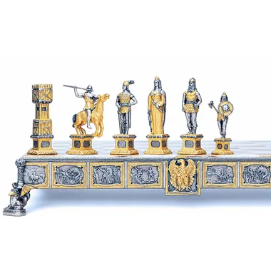 Sæt "Prins Siegfried Nibelungenes Helt" Skakbræt og Skakspil i Bronze, Onyx og 24 Karat Guld