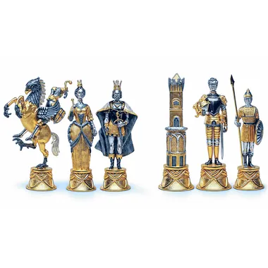 XL-sæt "Karl den Store Karolingernes Konge vs Maurerne i Spanien" Rektangulært Skakbord og Skakspil i Bronze, Onyx og 24 Karat Guld