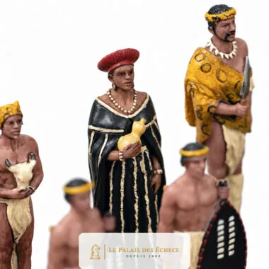 Skakbrikker i resin, zulu-figurer med traditionelt hovedtøj og dragt