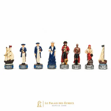 Jeu complet de pièces pirates sur socles gravés, vue de face