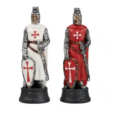 Rois Templier II en résine peinte, chevaliers rouge et blanc avec bouclier