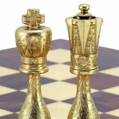 Sæt Arabic Style IV Skakbræt i Kunstlæder med Opbevaring og Skakspil i Guld- og Sølvbelagt Metal - Billede 8