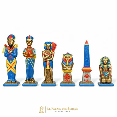 Skakbrikker Egypten i malet metal, blåt og guldfarvet hold med sfinks og obelisk