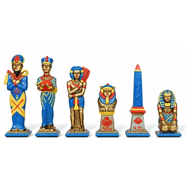 Skakbrikker Egypten i malet metal, blåt og guldfarvet hold med sfinks og obelisk