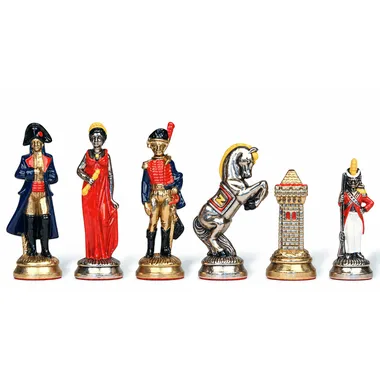 Napoleon Waterloo skakbrikker i malet metal, dronning, soldat, springer og tårn