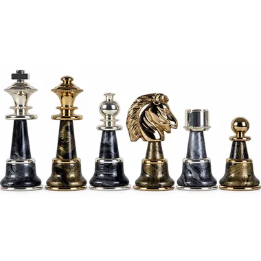 Staunton Fantasy XL-brikker, guld- og sølvfinish, detaljeret hestehoved