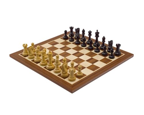 Ensemble Leningrad Echiquier en Bois d&rsquo;Acajou et Jeu d&rsquo;Echecs en Bois de Buis Ebonisé