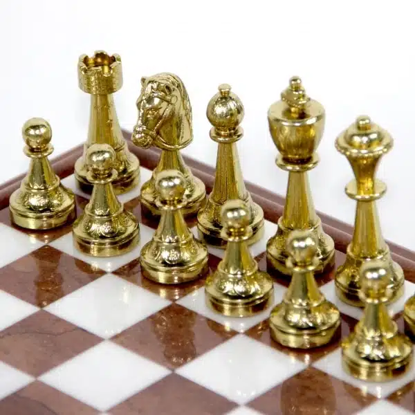 Jeu d'Échecs Staunton - Échiquier en Bois et Albâtre avec rangement intégré & Pièces en métal