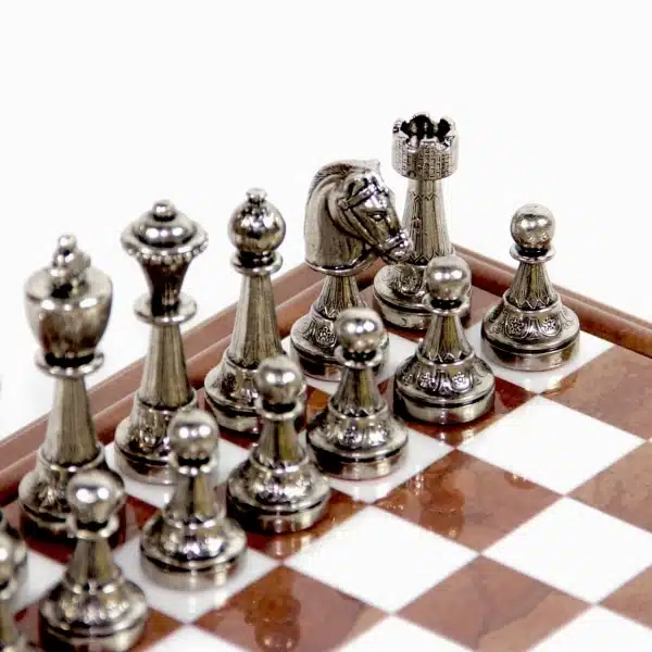 Jeu d'Échecs Staunton - Échiquier en Bois et Albâtre avec rangement intégré & Pièces en métal