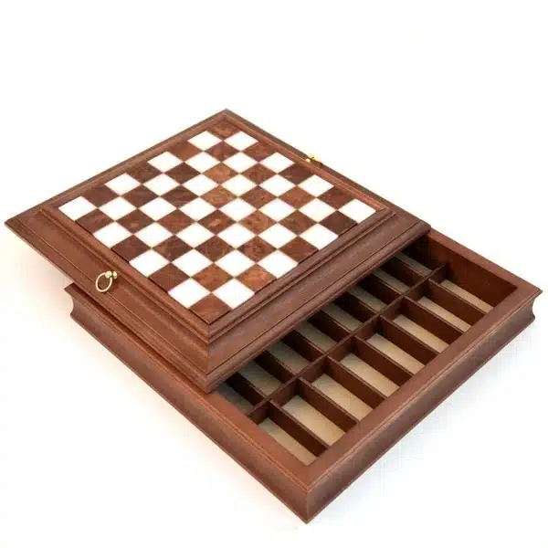 Jeu d'Échecs Staunton - Échiquier en Bois et Albâtre avec rangement intégré & Pièces en métal