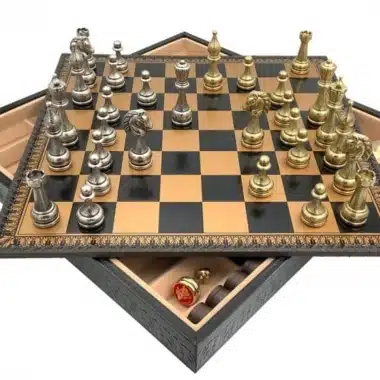 Alternative view of Blomstret Skakspil - Skakbræt, Dam & Backgammon i Similæder Guld/Sort med Opbevaringsrum & Skakbrikker i Metal