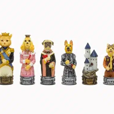 Skakspil med Hunde og Katte i Resin og Skakbræt i Kunstlæder Bordeaux og Guld - Billede 4
