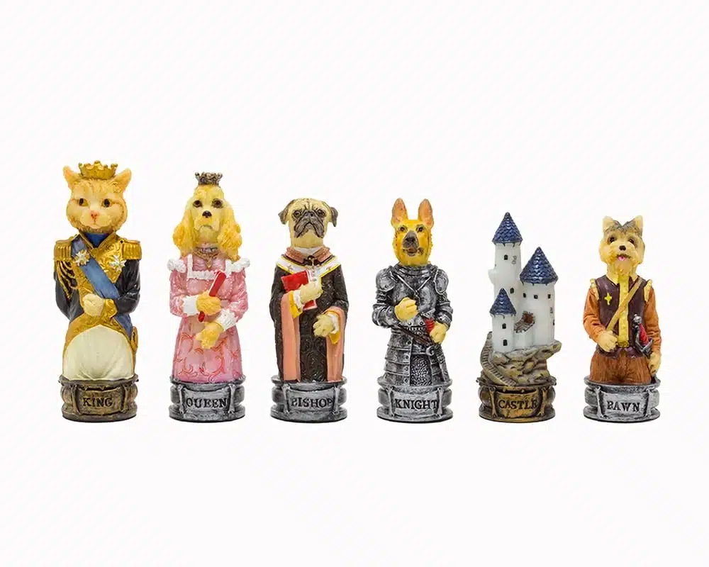 Skakspil med Hunde og Katte i Resin og Skakbræt i Kunstlæder Bordeaux og Guld - Billede 4