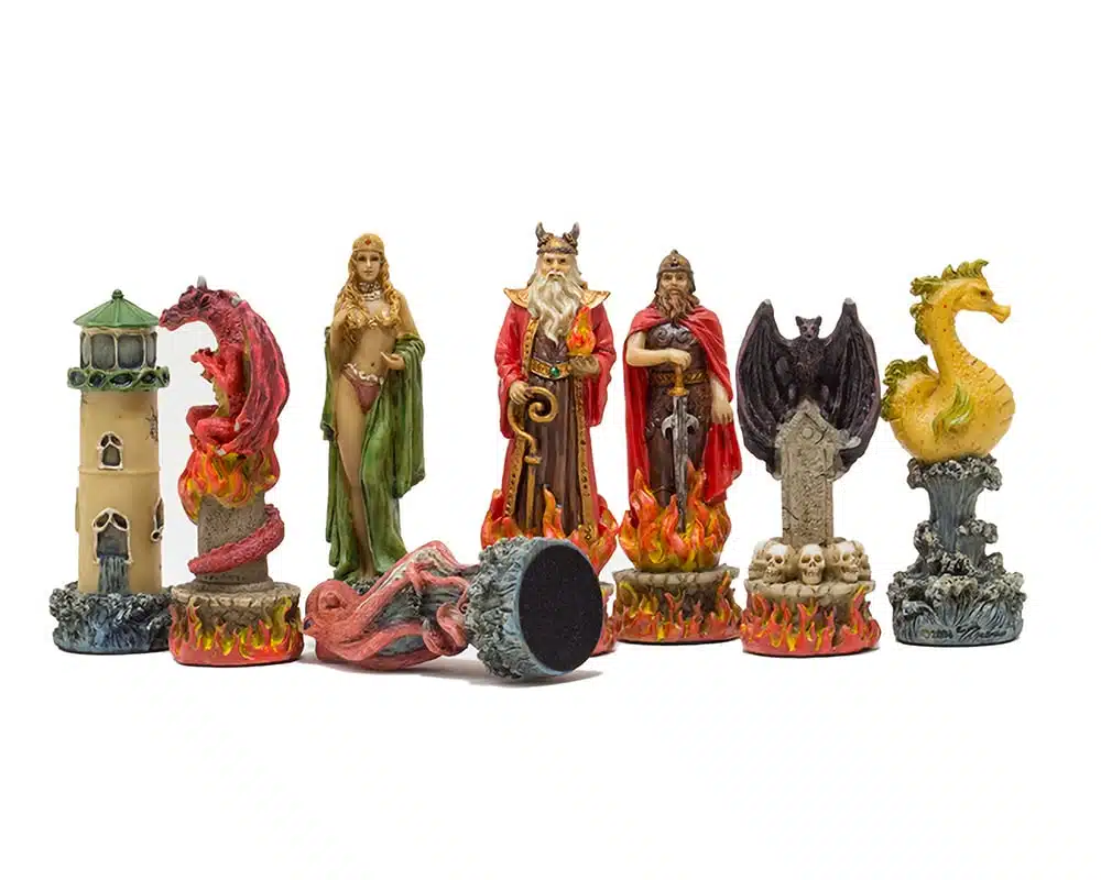 Skakspil Fantasy Vand vs Ild i Resin og Skakbræt i Kunstlæder Brun og Sort - Billede 2