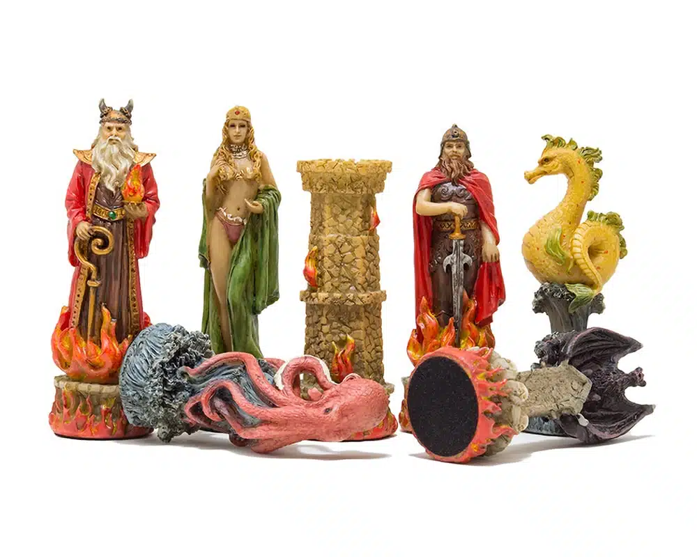 Skakspil Fantasy Vand vs Ild i Resin og Skakbræt i Kunstlæder Brun og Sort - Billede 3