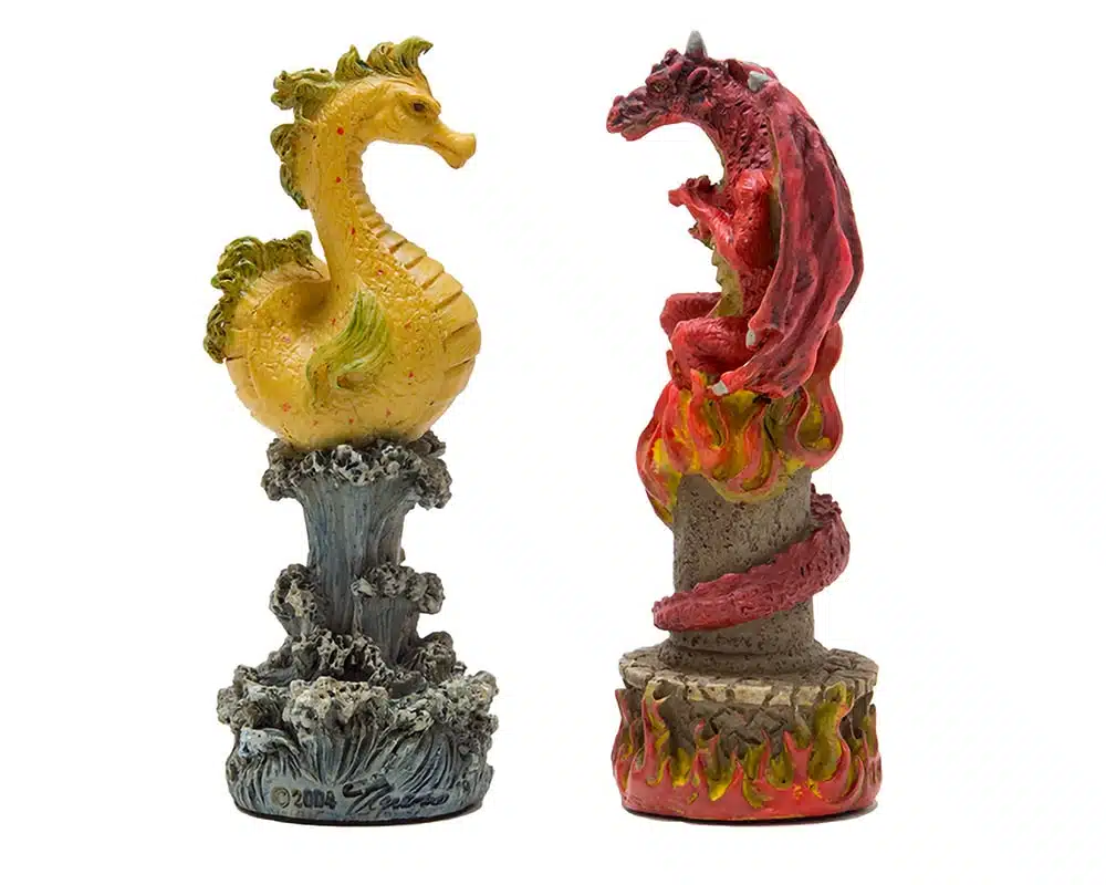 Skakspil Fantasy Vand vs Ild i Resin og Skakbræt i Kunstlæder Brun og Sort - Billede 8