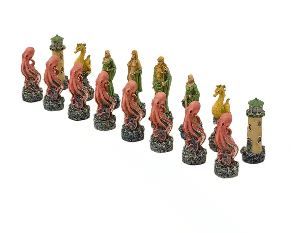 Skakspil Fantasy Vand vs Ild i Resin og Skakbræt i Kunstlæder Brun og Sort - Billede 5