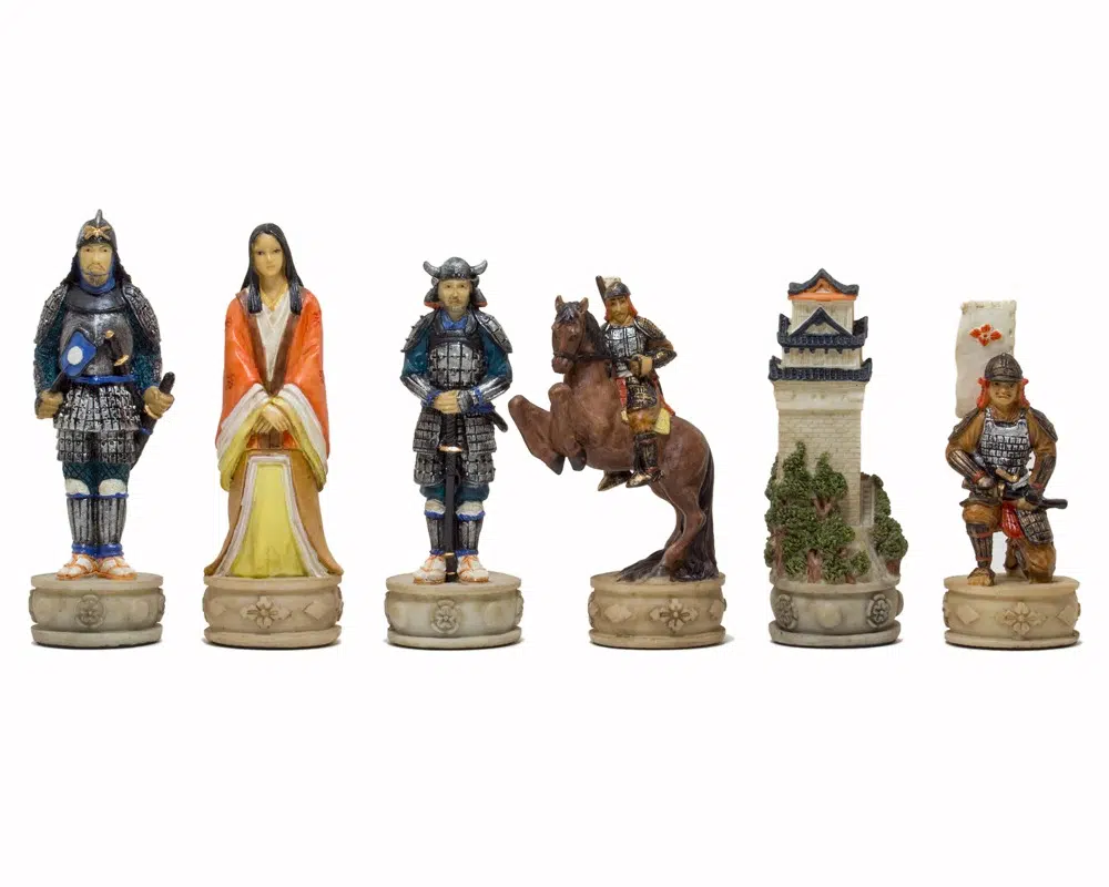 Skakspil Samurai i Resin Håndmalet med Skakbræt i Guld og Blåt Kunstlæder - Billede 4