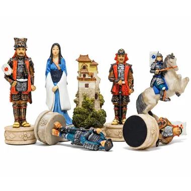 Samurai-skakbrikker i resin: detaljeret konge, dronning, tårn, løber og springer