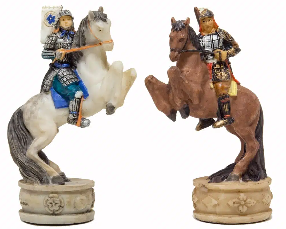 Skakspil Samurai i Resin Håndmalet med Skakbræt i Guld og Blåt Kunstlæder - Billede 5