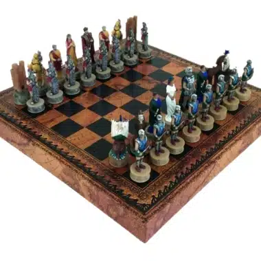 Jeu d'échecs Bataille de Troie en résine sur échiquier en similicuir