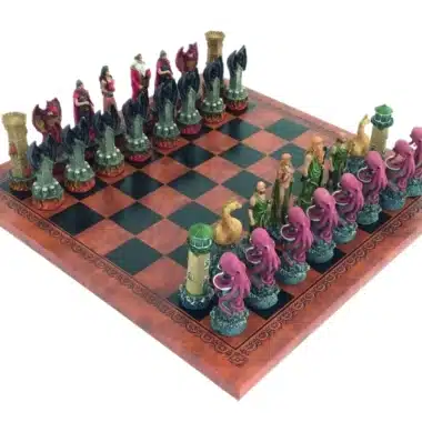 Skakspil Fantasy Vand vs Ild i Resin og Skakbræt i Kunstlæder Brun og Sort