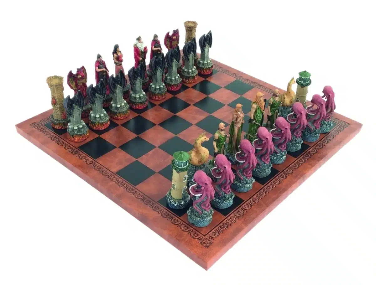 Skakspil Fantasy Vand vs Ild i Resin og Skakbræt i Kunstlæder Brun og Sort