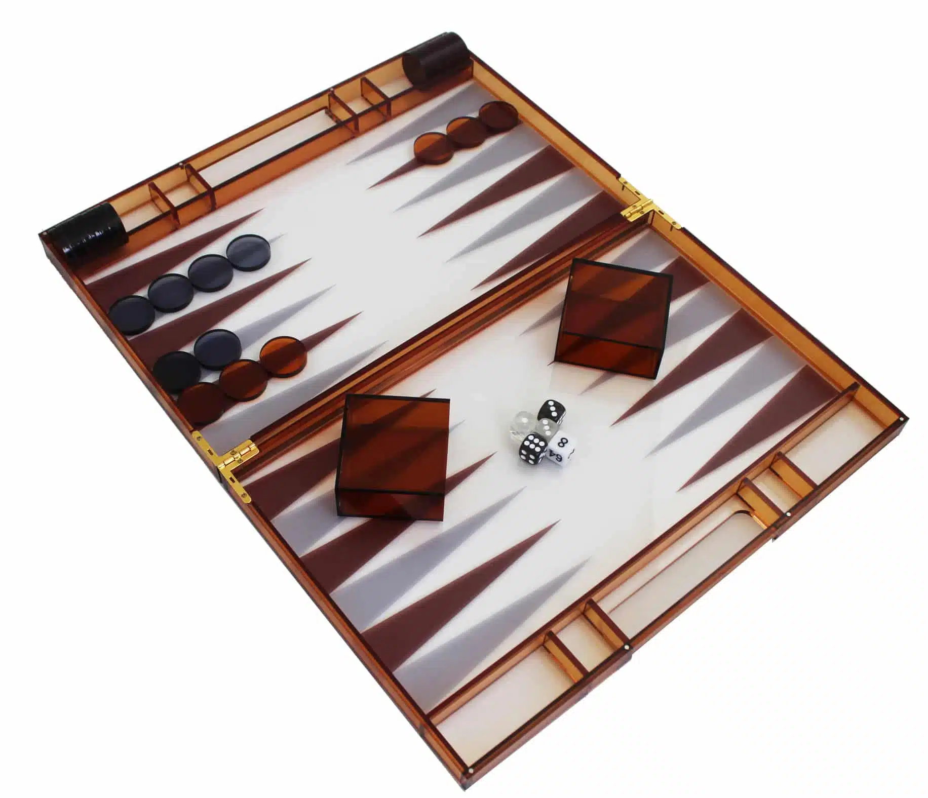 Moderne Backgammon i Orange Plexiglas med Brikker, Terningebægre og Terningesæt