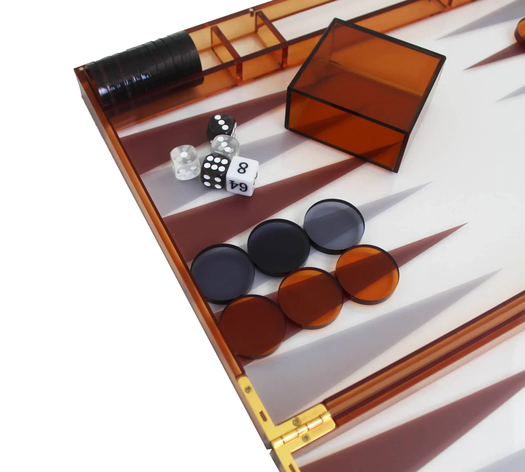 Moderne Backgammon i Orange Plexiglas med Brikker, Terningebægre og Terningesæt - Billede 2