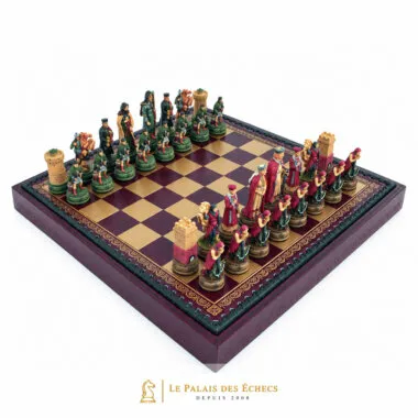 Camelot-sæt: skakbræt i rødt og guld kunstlæder med håndmalede brikker