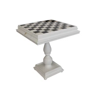 Table d'Echecs en Bois Laqué Blanc Tilia avec Plateau en Marbre de Carrare et Double Tiroir de Rangement