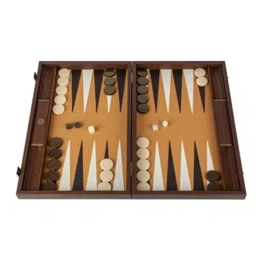 Luksus backgammon i brun strudseskind med brikker i perlemor