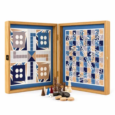 4-i-1 kombineret spil i træ, blå - Skak/Backgammon/Ludo/Slanger