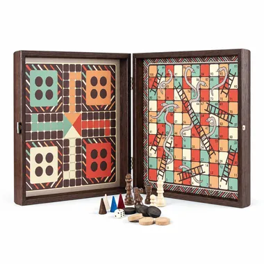 4-i-1 kombineret spil i træ, vintage stil - Skak/Backgammon/Ludo/Slanger