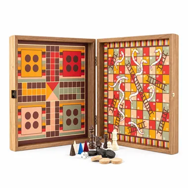 4-i-1 kombineret spil i træ, regnbuestil - Skak/Backgammon/Ludo/Slanger