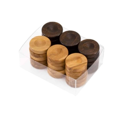 Alternative view of Backgammon-brikker i oliventræ - sæt med 30 brikker - 3 størrelser (20 mm, 26 mm, 36 mm) - brun og mørkebrun