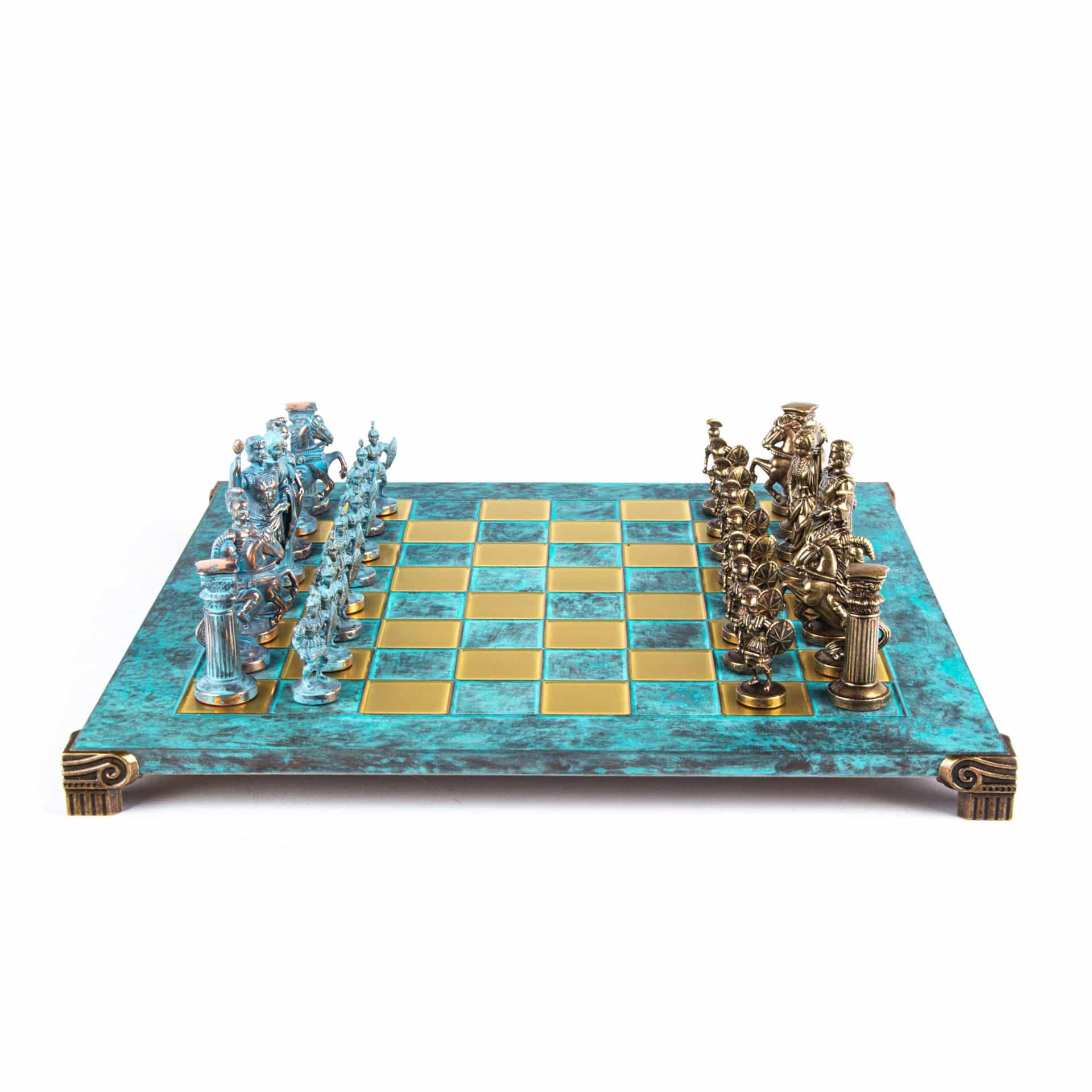 Græsk-romersk skakspil i metal – Bronze og blå brikker med skakbræt i metal 44 x 44 cm og opbevaringsboks - Billede 14