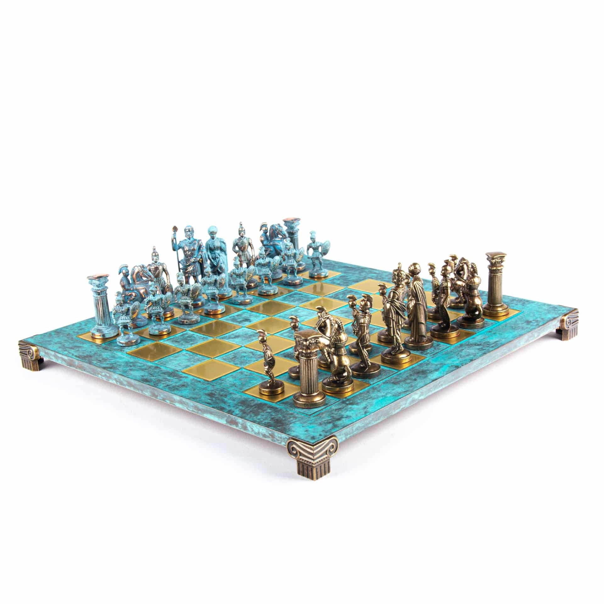 Græsk-romersk skakspil i metal – Bronze og blå brikker med skakbræt i metal 44 x 44 cm og opbevaringsboks - Billede 12