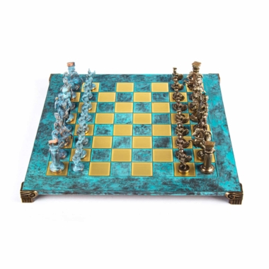 Græsk-romersk skakspil i metal – Bronze og blå brikker med skakbræt i metal 44 x 44 cm og opbevaringsboks - Billede 13