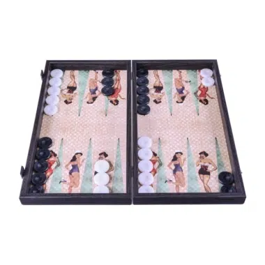 Backgammon Pin-Up Girls åbent, udfoldet bræt af lamineret træ med brikker