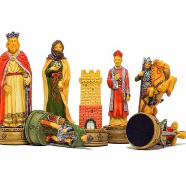 Camelot skakspil - Håndmalede brikker i resin på skakbræt i lyng- og ahorntræ, grøn - Billede 3