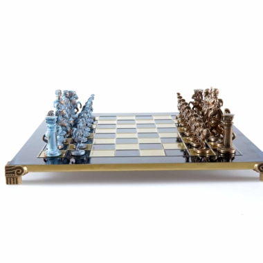 Græsk-romersk skakspil i metal – Bronze og blå brikker med skakbræt i metal 44 x 44 cm og opbevaringsboks - Billede 8