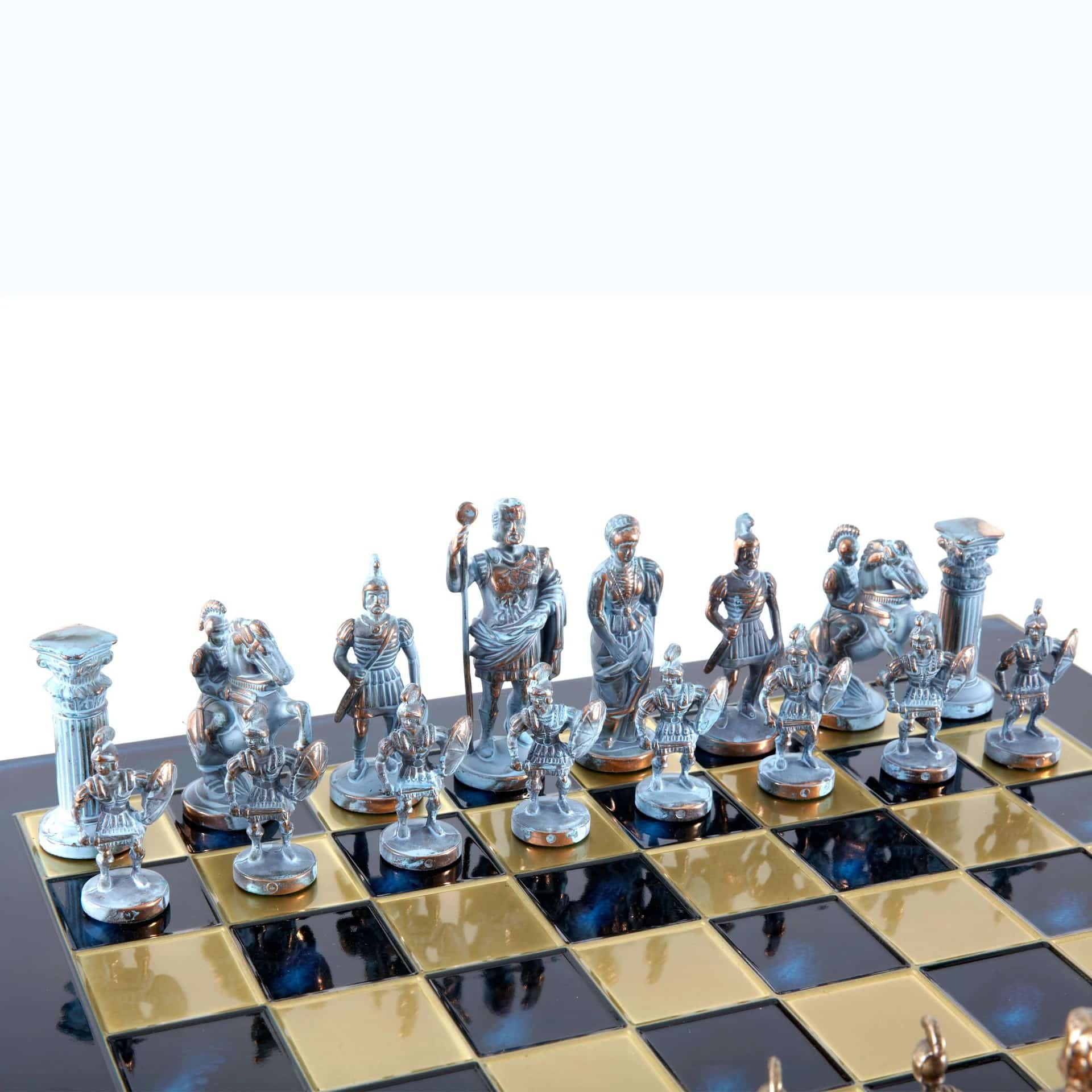 Græsk-romersk skakspil i metal – Bronze og blå brikker med skakbræt i metal 44 x 44 cm og opbevaringsboks - Billede 10
