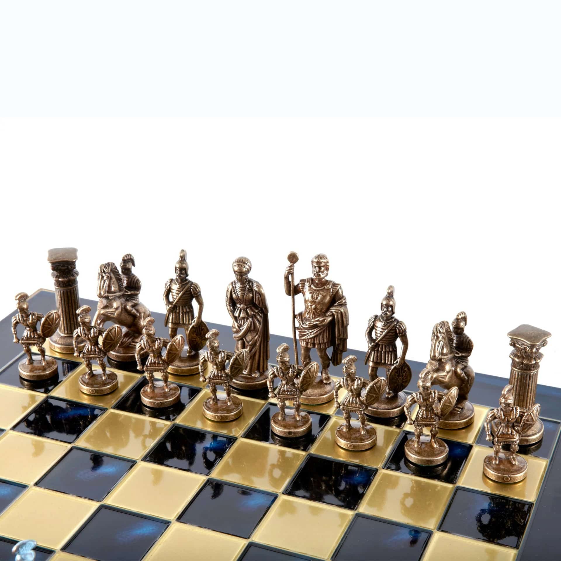 Græsk-romersk skakspil i metal – Bronze og blå brikker med skakbræt i metal 44 x 44 cm og opbevaringsboks - Billede 9