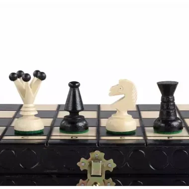 Jeu d’Echecs en Bois Pliable avec Rangement Noir et Ivoire - 35 x35 cm