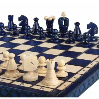 Jeu d'Echecs Pliable en Bois Bleu et Ivoire avec Rangement 34 x 34 cm
