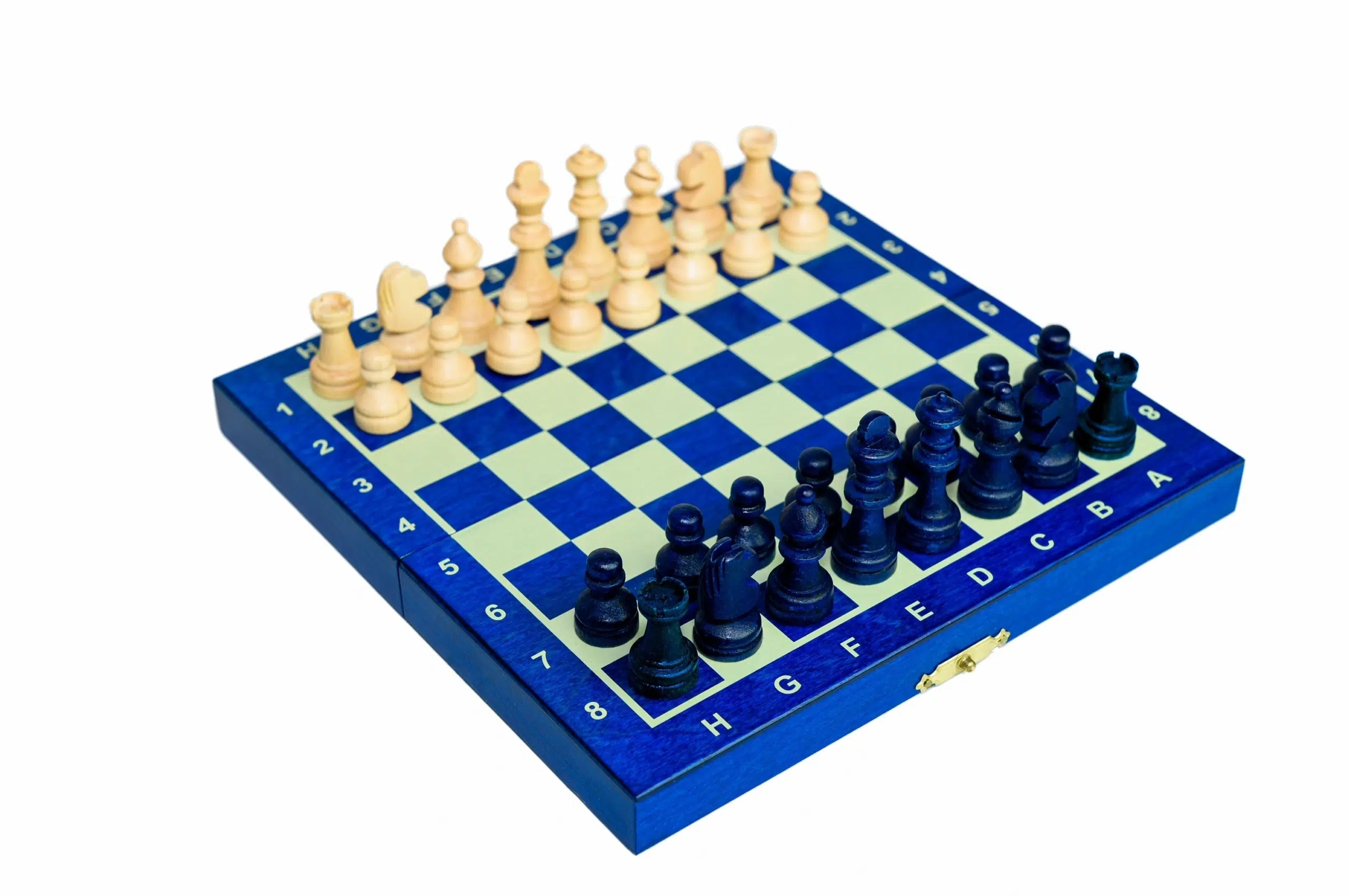 Jeu d’Echecs Magnétique Mini en Bois Bleu Compact et Portable
